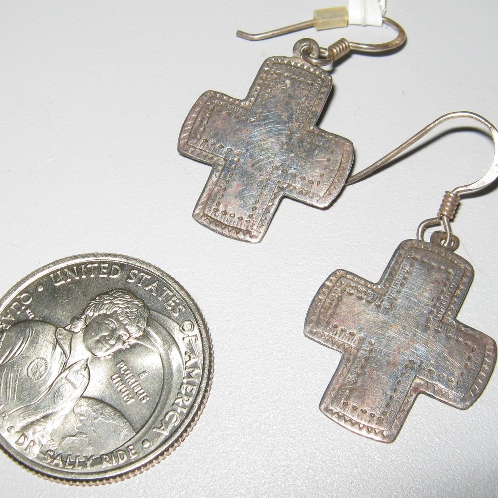 Real Silver Cross Drop Earrrings